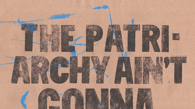 Animated crop of letterpress printed poster that reads - THE PATRIARCHY AIN'T GONNA SMASH ITSELF - printed with my custom snas-serif letters in black and red printed over waste ink background textures on brown kraft paper>
<p>#RitasQuilt</p>

<p><img src=