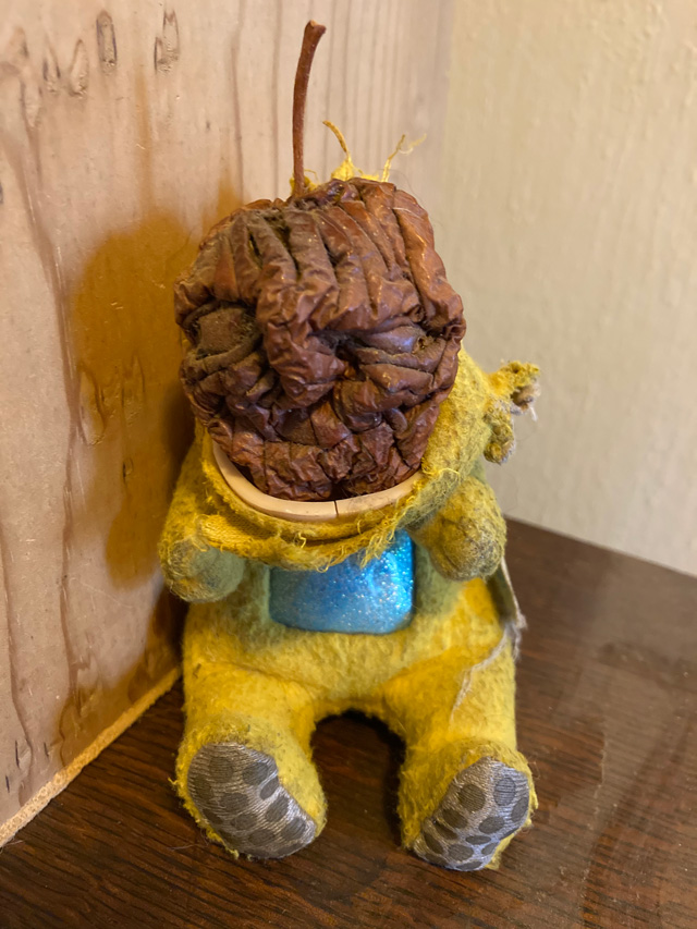 Dried apple head on a dog-chewed Lala teletubbies doll