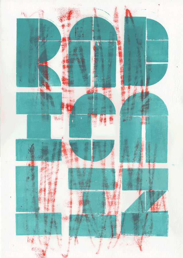 Animation of five letterpress impressions of an assemblage of geometric shapes into letters that spell RAD ICA LIZ. Three lines, three letters per line in aquamarine blue over scribbled monotype backgrounds in red and blue. The animation fades from image to to image through the series, repeating endlessly.